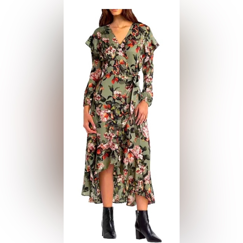 Floral V-Neck Long Sleeve Dress in Green